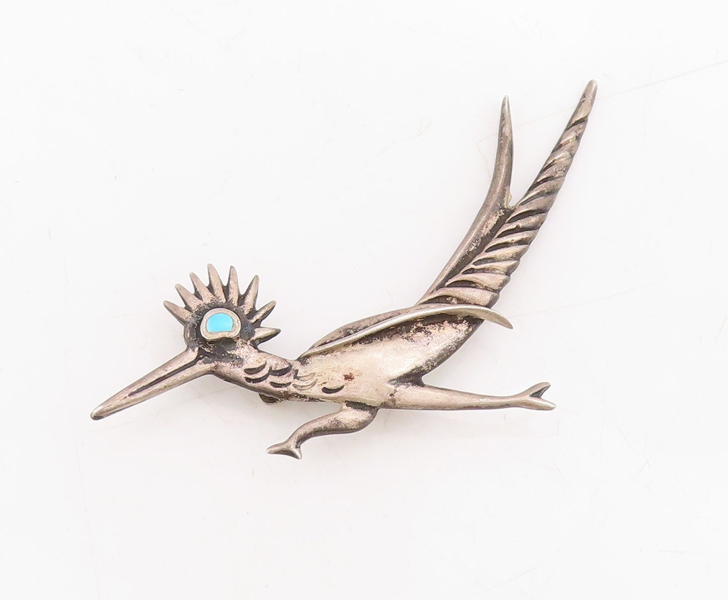 925 Sterling Silver Vintage Brooch Pin Larimar Eye Road Runner Bird  BP11466