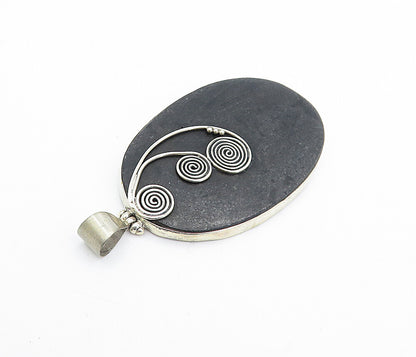 925 Sterling Silver  Vintage Obsidian Spiral Swirl Detail Oval Pendant  PT5778
