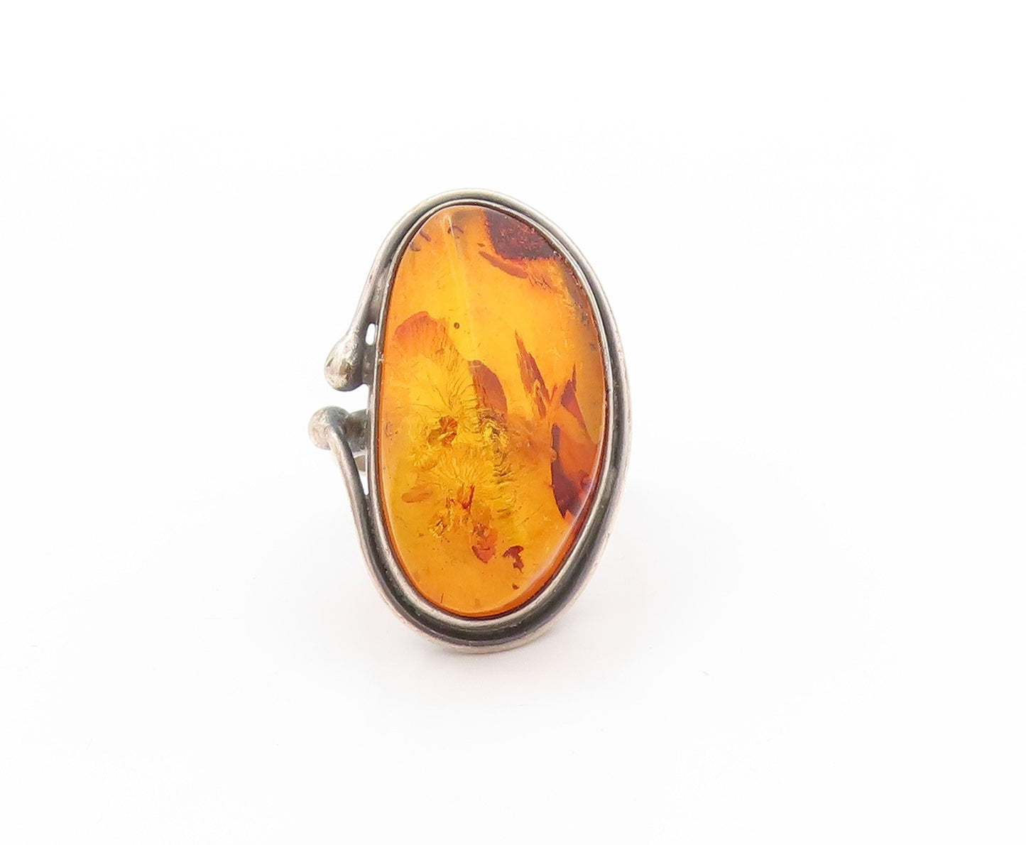 925 Sterling Silver Vintage Ring POLAND Amorphas Large Honey Amber  Sz 8 RG32716