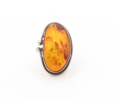 925 Sterling Silver Vintage Ring POLAND Amorphas Large Honey Amber  Sz 8 RG32716