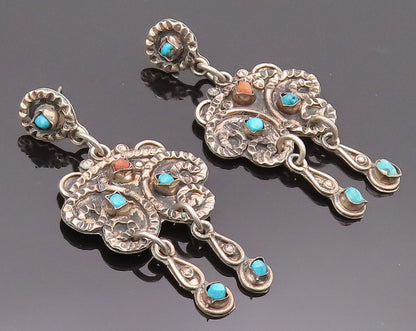 925 Sterling Silver Earrings MEXICO Swirly Dented Carved Turquoise  EG12843
