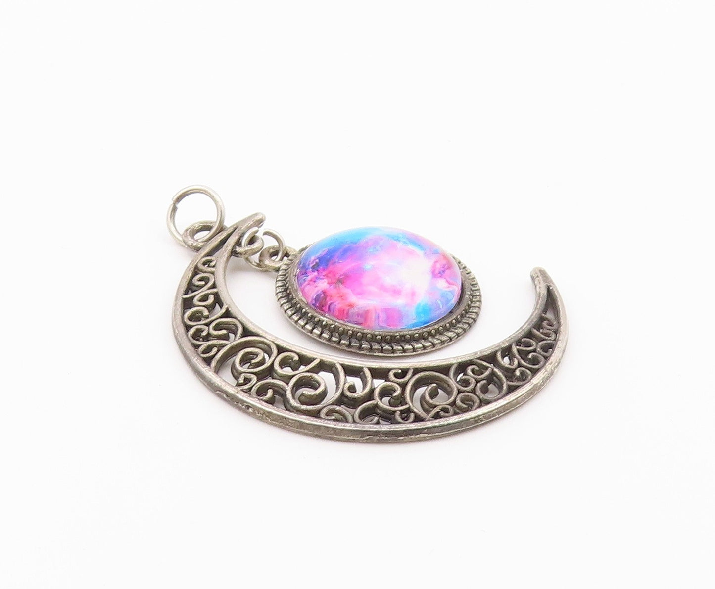 925 Sterling Silver  Vintage Swirl Pattern Crescent Moon Pendant  PT16732