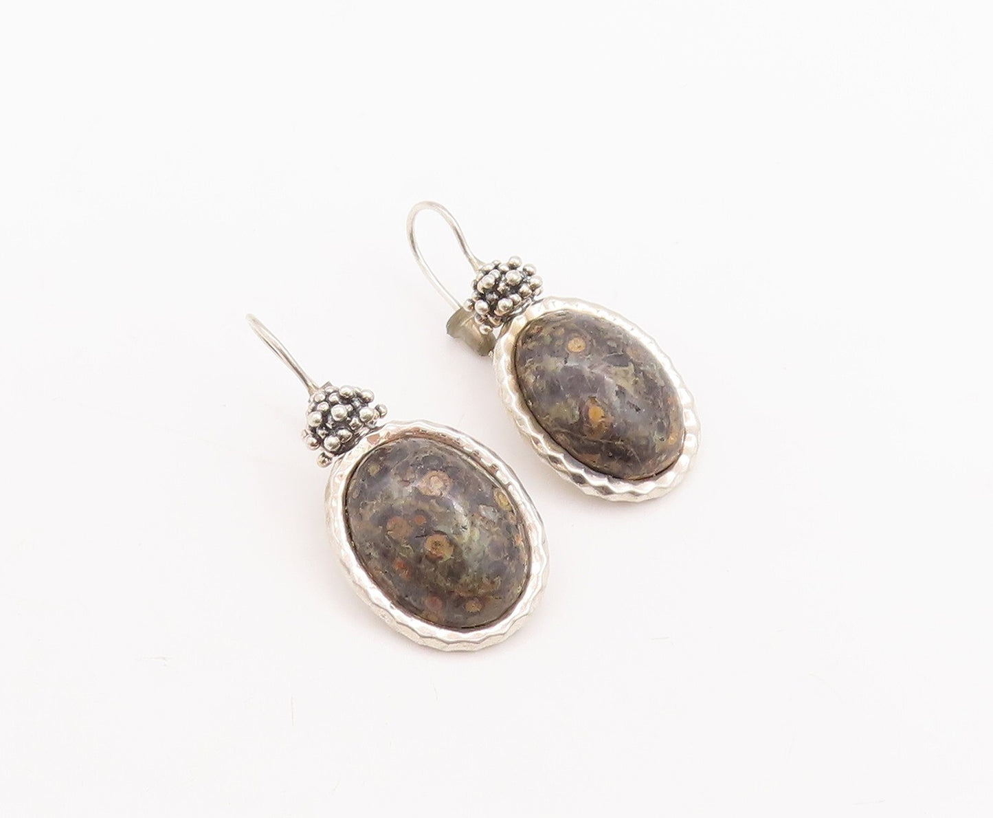 925 Sterling Silver Vintage Earrings Beaded Top Oval Fossil Agate  EG13113