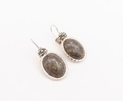 925 Sterling Silver Vintage Earrings Beaded Top Oval Fossil Agate  EG13113