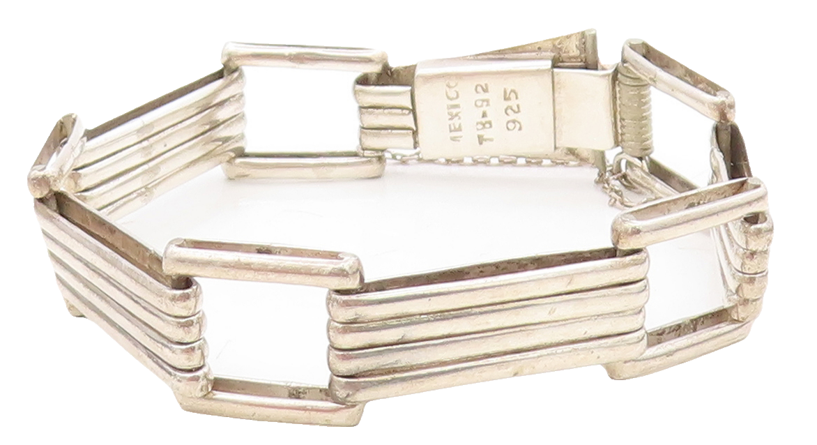 MEXICO 925 Sterling Silver  Vintage Fluted Bar Link Chain Bracelet  BT2809