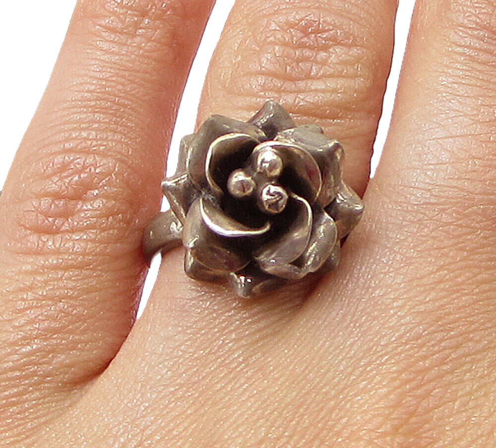 MEXICO 925 Silver  Vintage Sculpted Spring Flower Band Ring Sz 6  RG3079