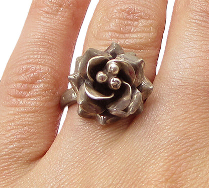 MEXICO 925 Silver  Vintage Sculpted Spring Flower Band Ring Sz 6  RG3079