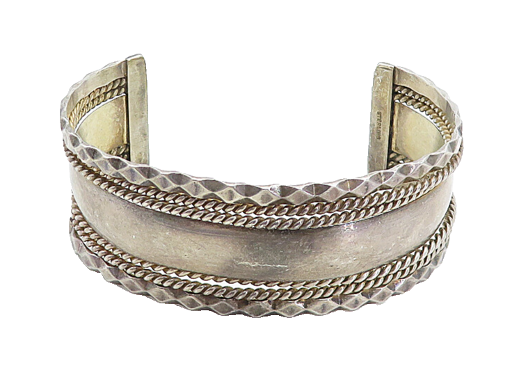 925 Sterling Silver  Vintage Dark Tone Rope Twist Wavy Cuff Bracelet  BT1858