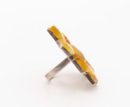 925 Sterling Silver Vintage Ring Modernist Amber Large Flower  Sz 7  RG36379