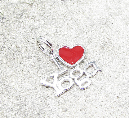 925 Sterling Silver  I love Yoga Red Enamel Charm Pendant  PT1442