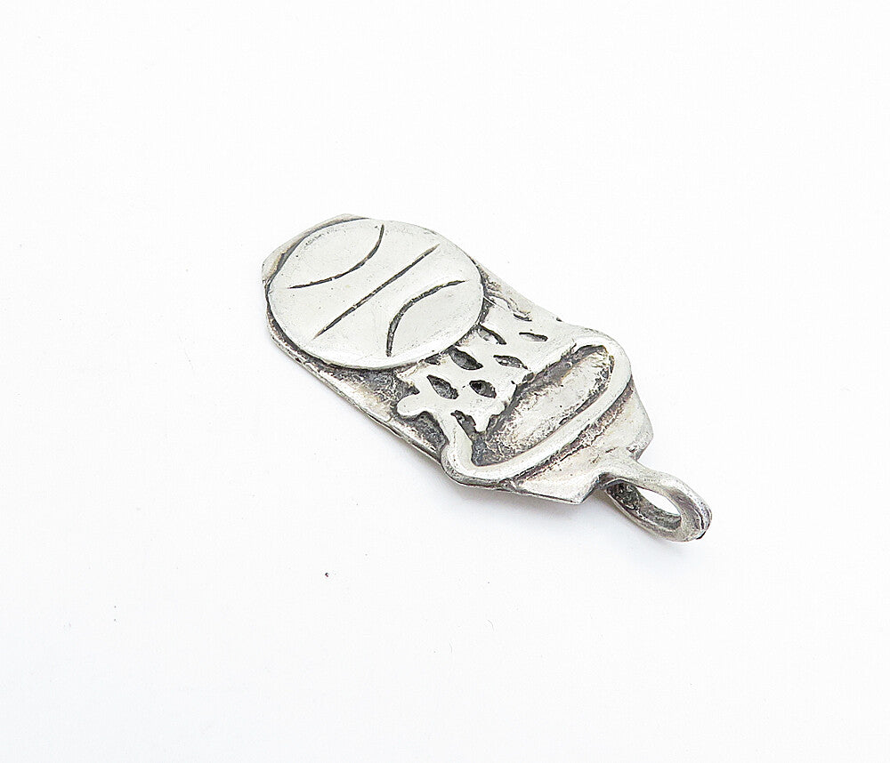 925 Sterling Silver Vintage Basketball & Hoop Sports Motif Pendant PT2973