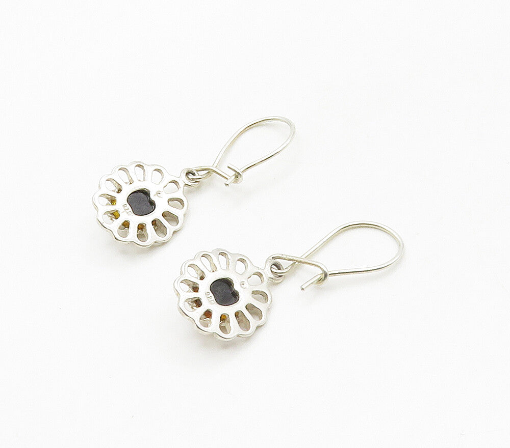925 Sterling Silver  Cabochon Cut Amber Floral Motif Dangle Earrings  EG8407