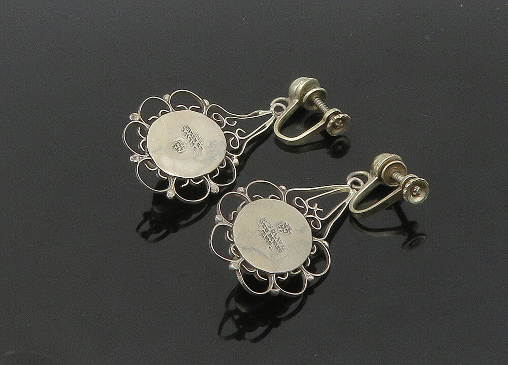 MEXICO 925 Silver  Vintage Black Onyx Floral Non Pierce Earrings  EG10507