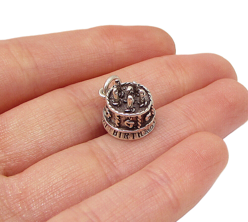 925 Sterling Silver  Vintage Happy Birthday Cake Charm Pendant  PT1821