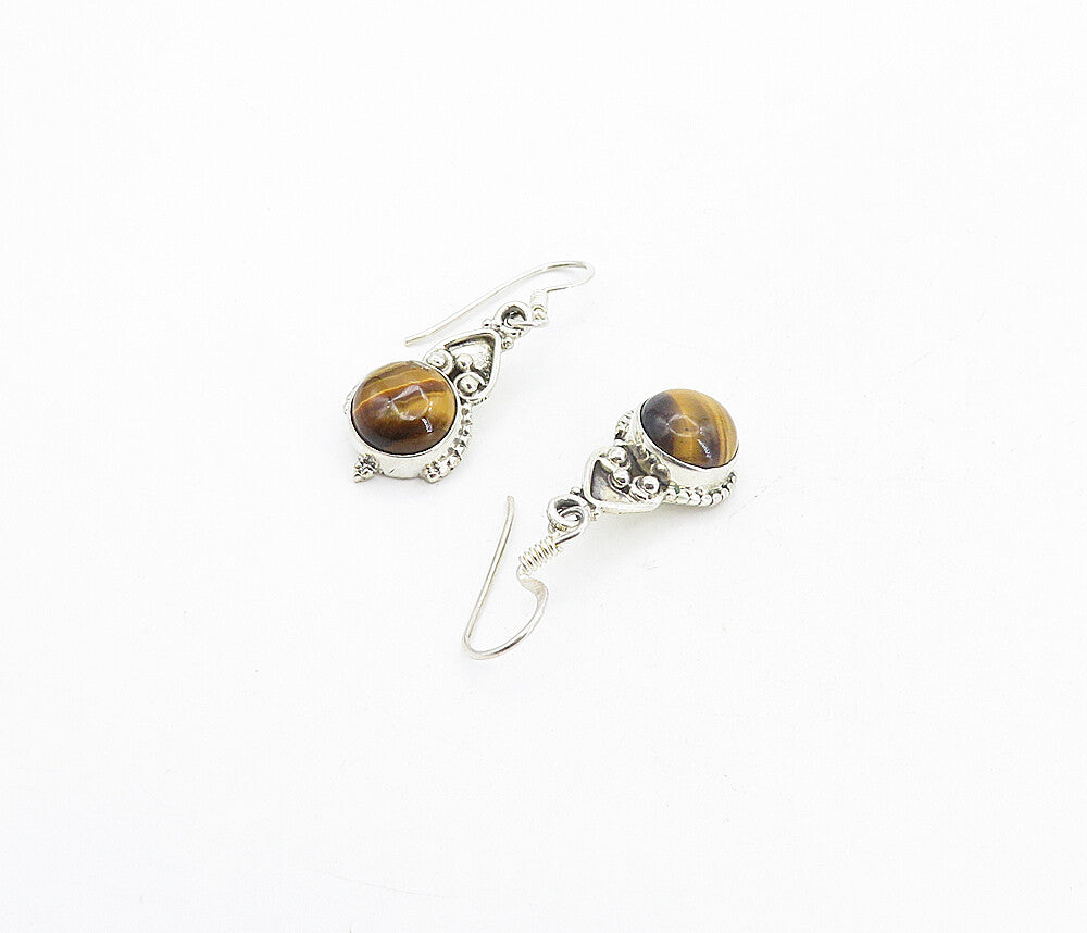 925 Sterling Silver  Vintage Cabochon Cut Tiger's Eye Dangle Earrings  EG3484