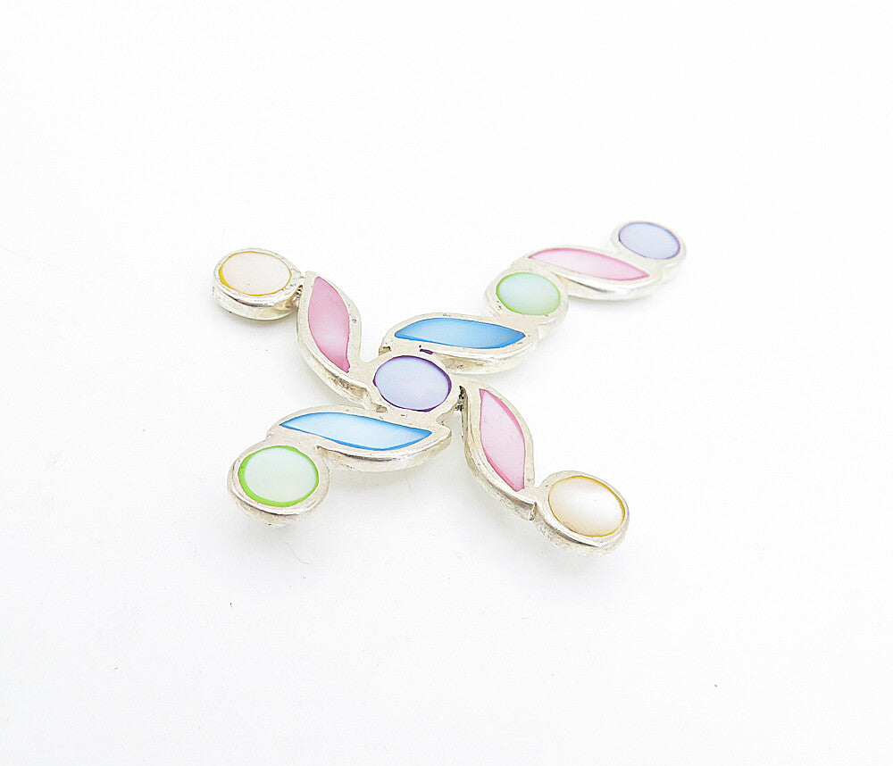 925 Sterling Silver Multi Color Mother Of Pearl Swirl Cross Pendant PT5820