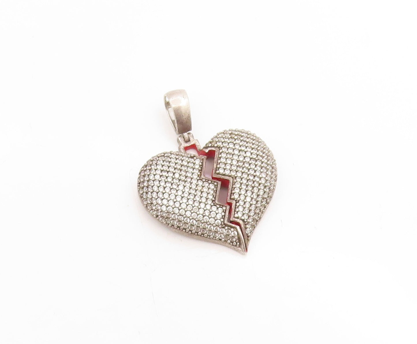 925 Sterling Silver Vintage Pendant CZ Enamel Broken Love Heart Charm  PT25787
