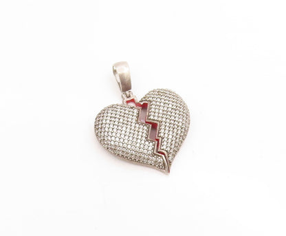 925 Sterling Silver Vintage Pendant CZ Enamel Broken Love Heart Charm  PT25787