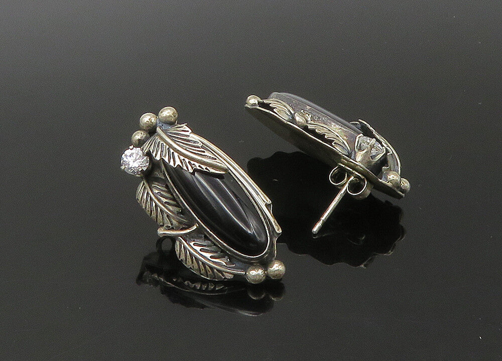 NAVAJO 925 Sterling Silver  Vintage Black Onyx & Cubic Zirconia Earrings EG11078