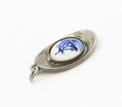 925 Sterling Silver  Vintage Enamel Windmill Scene Smooth Pendant  PT12116