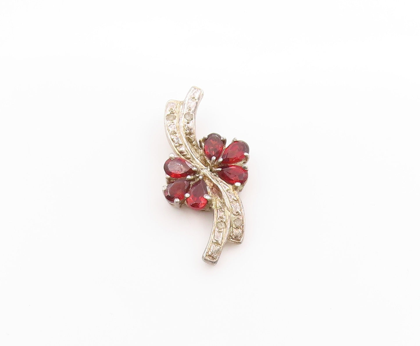 925 Sterling Silver Vintage Pendant Real Diamonds & Garnet Floral Charm  PT25041