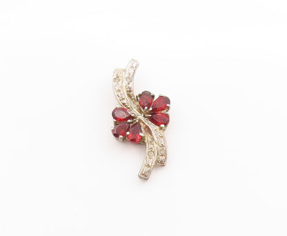 925 Sterling Silver Vintage Pendant Real Diamonds & Garnet Floral Charm  PT25041