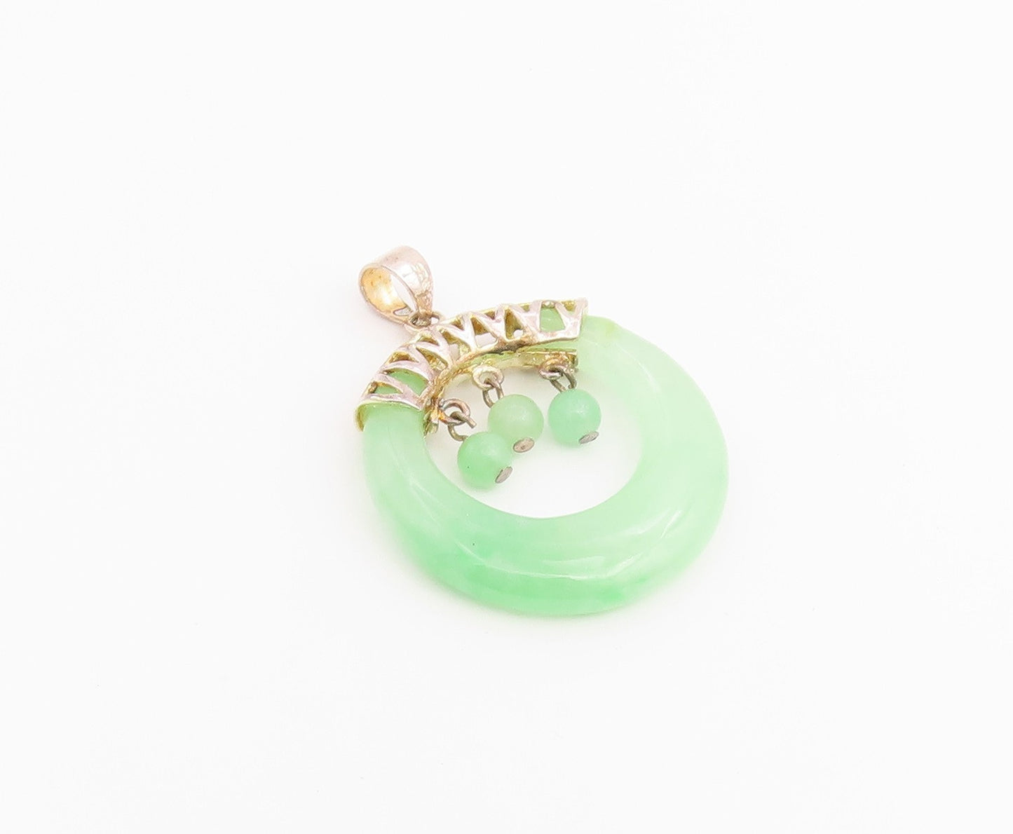 925 Sterling Silver Vintage Pendant Modernist Green Jade Disc With Beads PT26522
