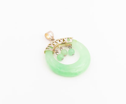 925 Sterling Silver Vintage Pendant Modernist Green Jade Disc With Beads PT26522