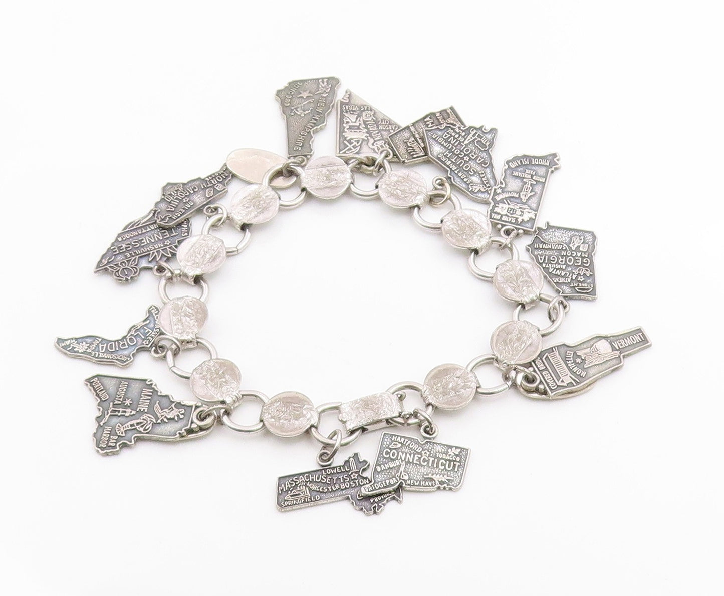 925 Sterling Silver Vintage Bracelet SARAH COVENTRY US State Map Charms  BT12048