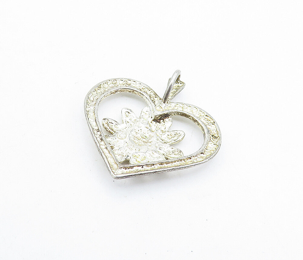 925 Sterling Silver  Vintage Shiny Sunflower Open Love Heart Pendant  PT4672