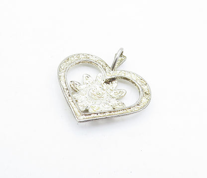 925 Sterling Silver  Vintage Shiny Sunflower Open Love Heart Pendant  PT4672