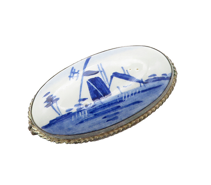 925 Sterling Silver  Vintage Enamel Windmill Scene Dome Brooch Pin  BP6104