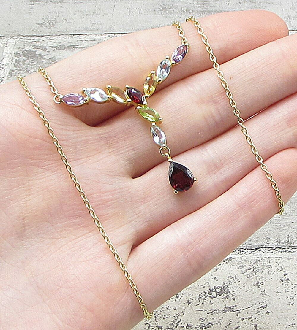 Gold Over 925 Silver Multi Colored Gemstones Lariat Chain Necklace PT1296