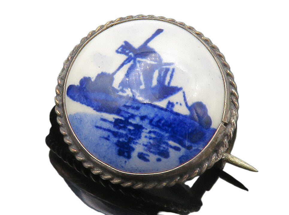 HOLLAND 925 Sterling Silver  Vintage Enamel Windmill Scene Brooch Pin  BP5547