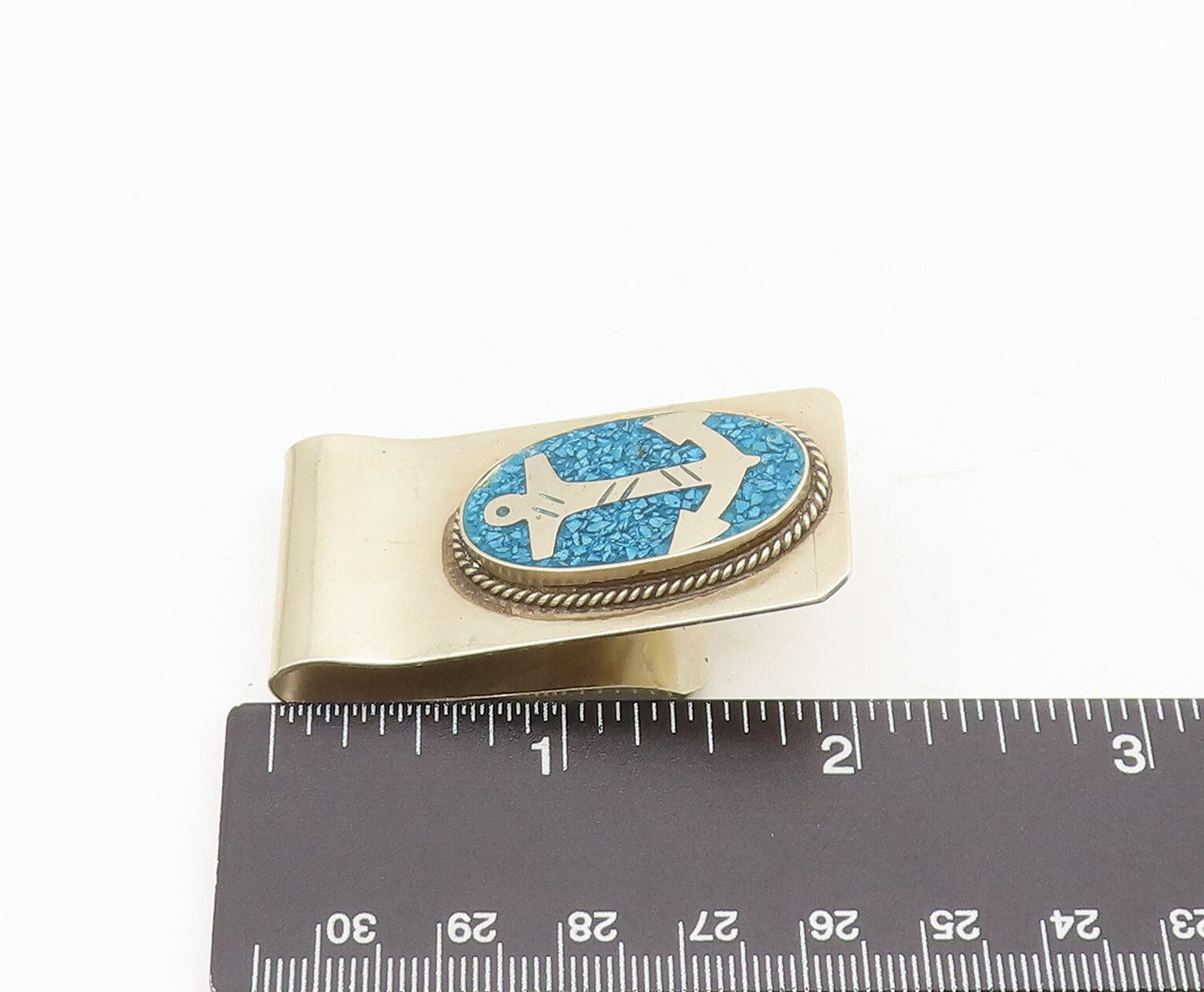 MEXICO 925 Silver  Vintage Crush Turquoise Carved Anchor Money Clip  TR3663