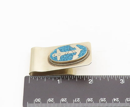 MEXICO 925 Silver  Vintage Crush Turquoise Carved Anchor Money Clip  TR3663