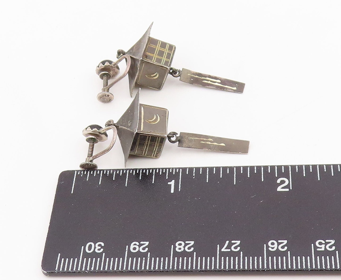 925 Sterling Silver Vintage Earrings JAPAN Onyx Temple Lantern Charm  EG14116
