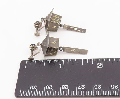 925 Sterling Silver Vintage Earrings JAPAN Onyx Temple Lantern Charm  EG14116