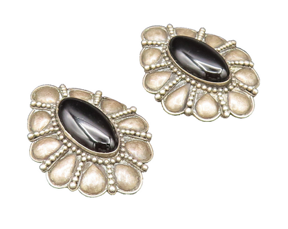 BALI 925 Sterling Silver Vintage Floral Black Onyx Clip Back Earrings EG12295