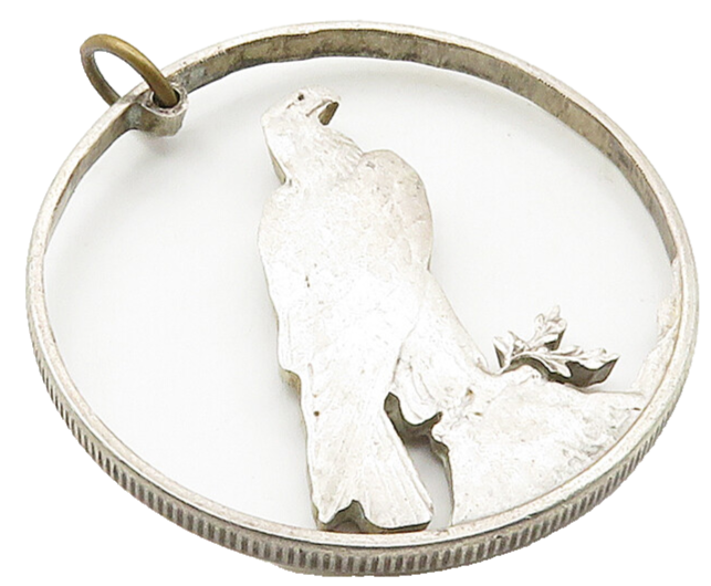 925 Sterling Silver  Vintage Perched Eagle Peace Open Circle Pendant  PT12717