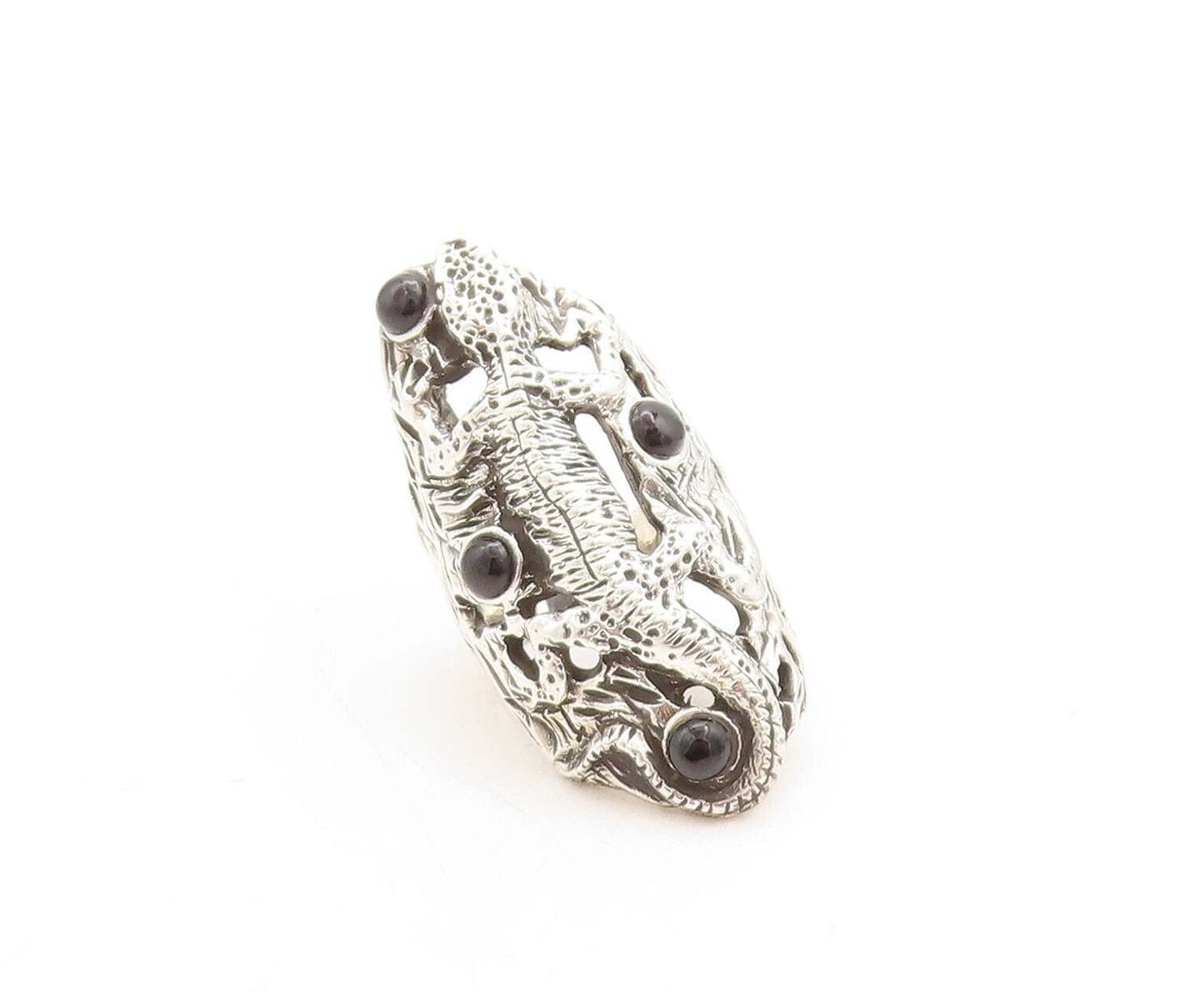 925 Sterling Silver Vintage Ring Long Lizard Black Onyx  Sz 6  RG31376