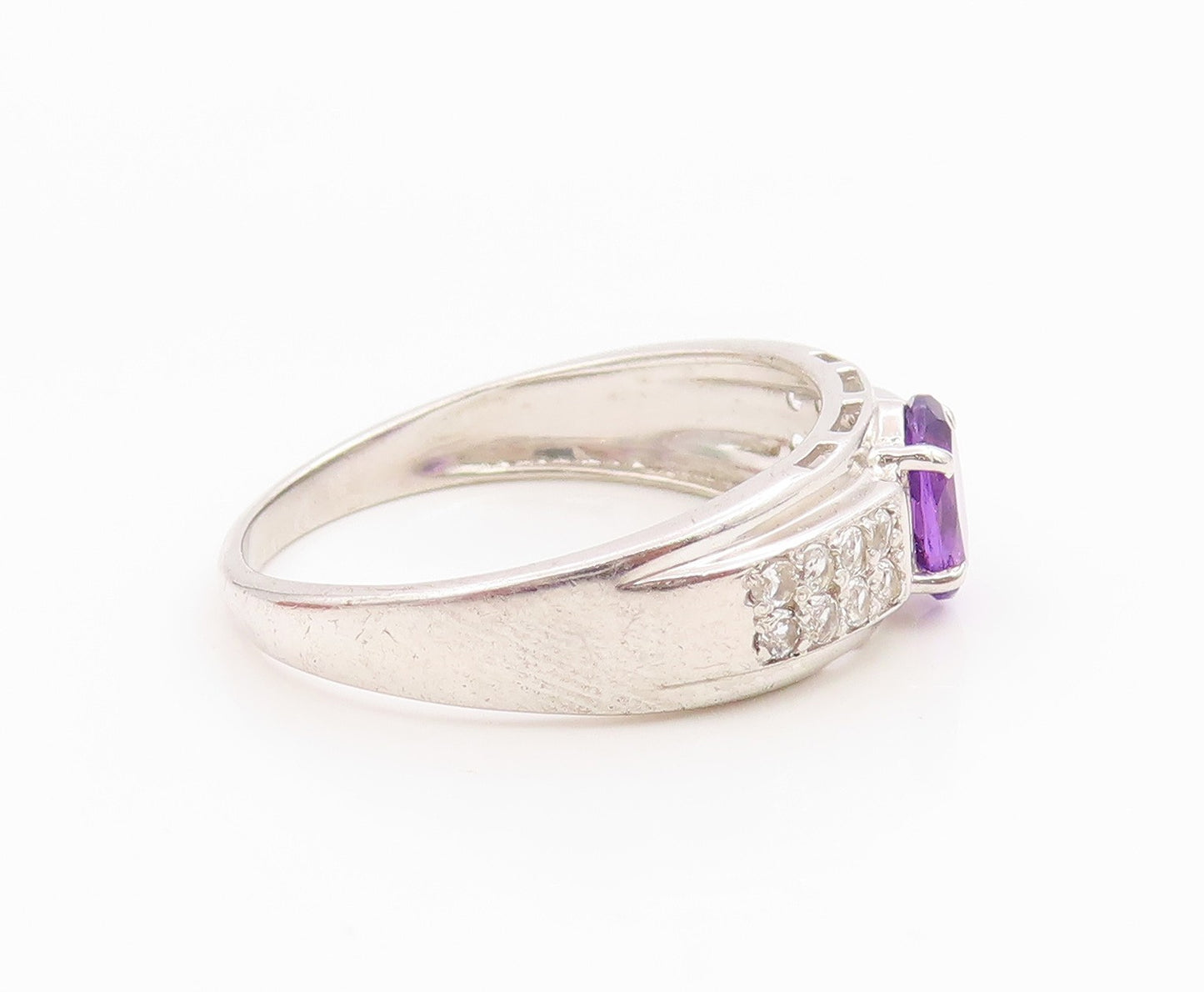 925 Sterling Silver Vintage Ring Amethyst & CZ Statement Band  Sz 10  RG36151