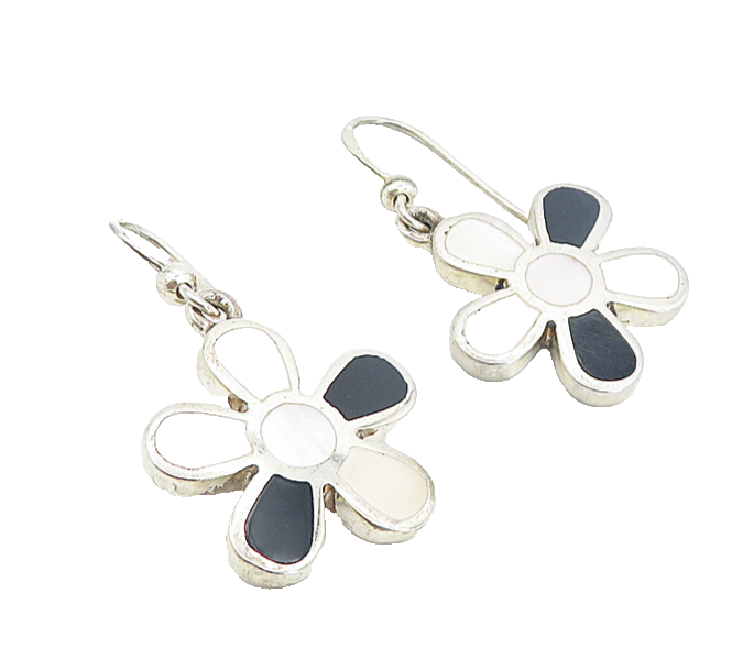 925 Silver  Vintage Mother Of Pearl & Black Onyx Flower Dangle Earrings EG3783