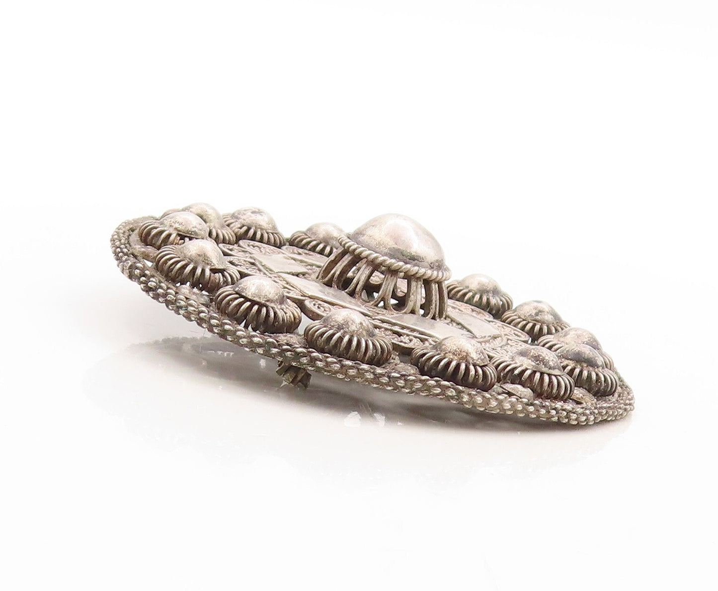 925 Sterling Silver Vintage Brooch Pin Dark Tone Domed Filigree Flower  BP11343