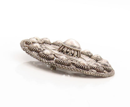 925 Sterling Silver Vintage Brooch Pin Dark Tone Domed Filigree Flower  BP11343