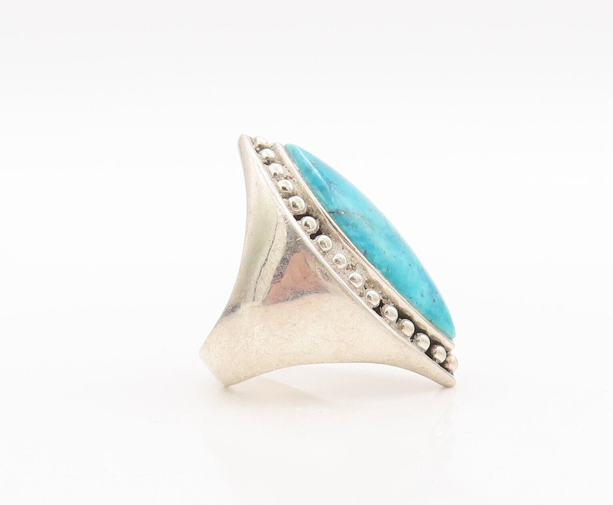 925 Sterling Silver Vintage Ring Beaded Oval Cabochon Turquoise  Sz 7  RG28518