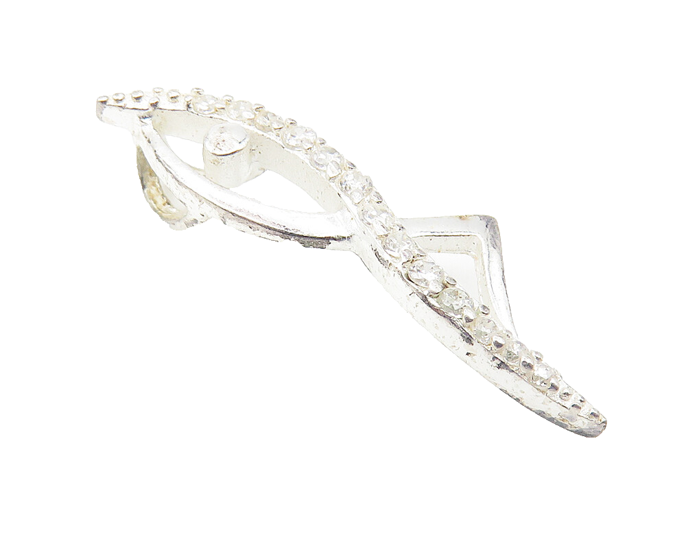 925 Sterling Silver  Shiny White Topaz Open Fish Motif Drop Pendant  PT8373