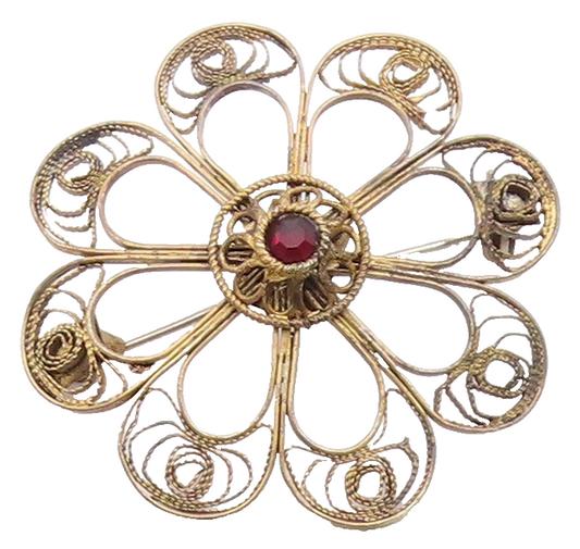 ISRAEL 925 Sterling Silver  Vintage Topaz Filigree Flower Brooch Pin  BP3606