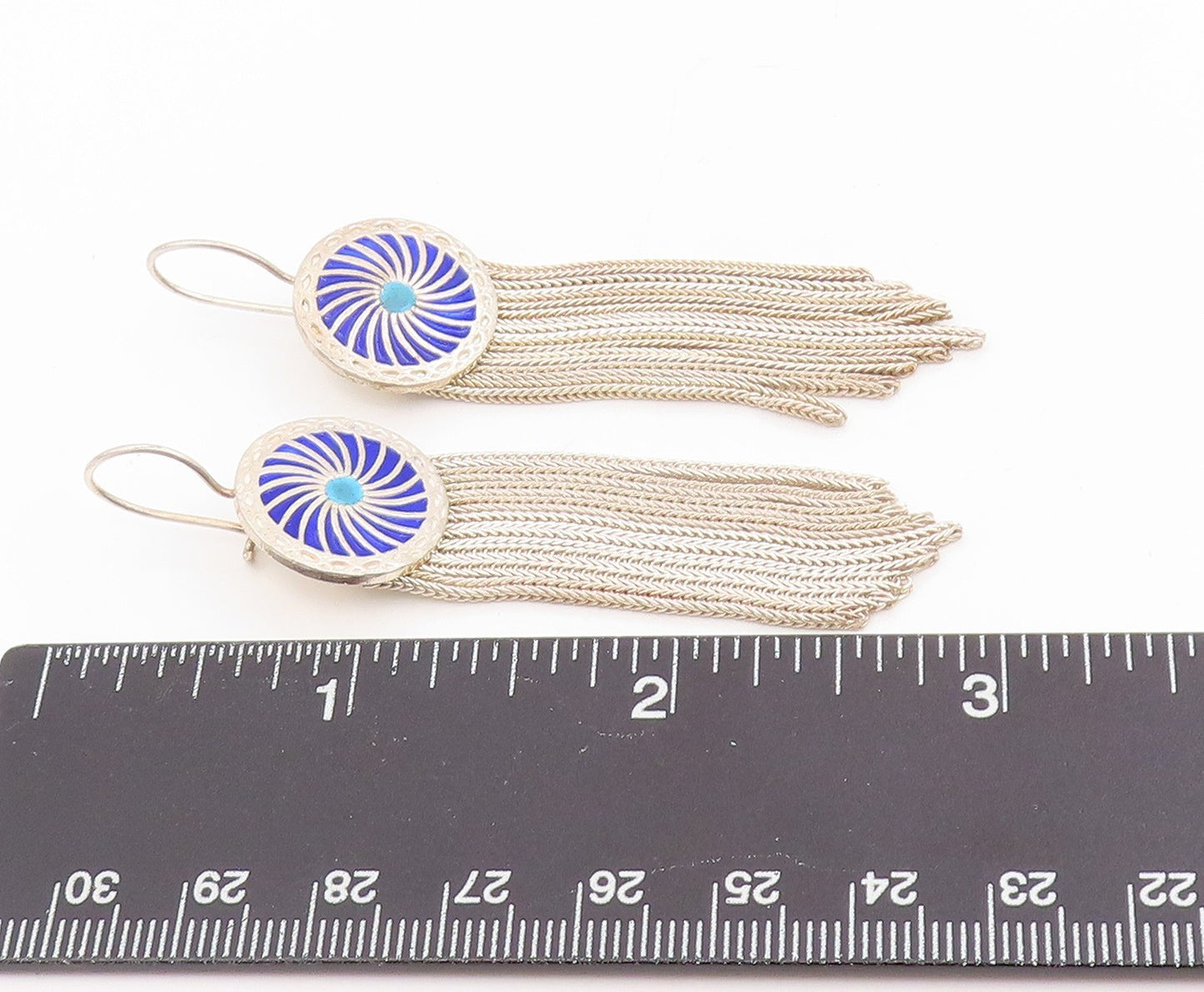 925 Sterling Silver Vintage Earrings Classic Blue Enamel Tassel Drops  EG13977