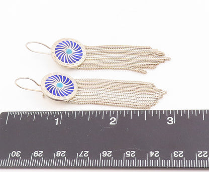 925 Sterling Silver Vintage Earrings Classic Blue Enamel Tassel Drops  EG13977